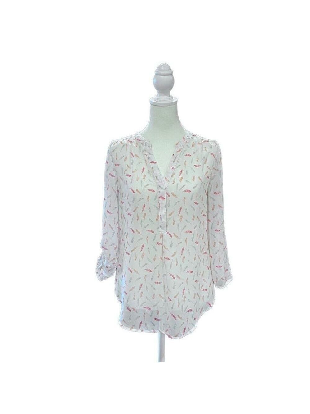 Maurices Boho Feather Print V-neck Semi Sheer Relaxed Fit Blouse Size XS